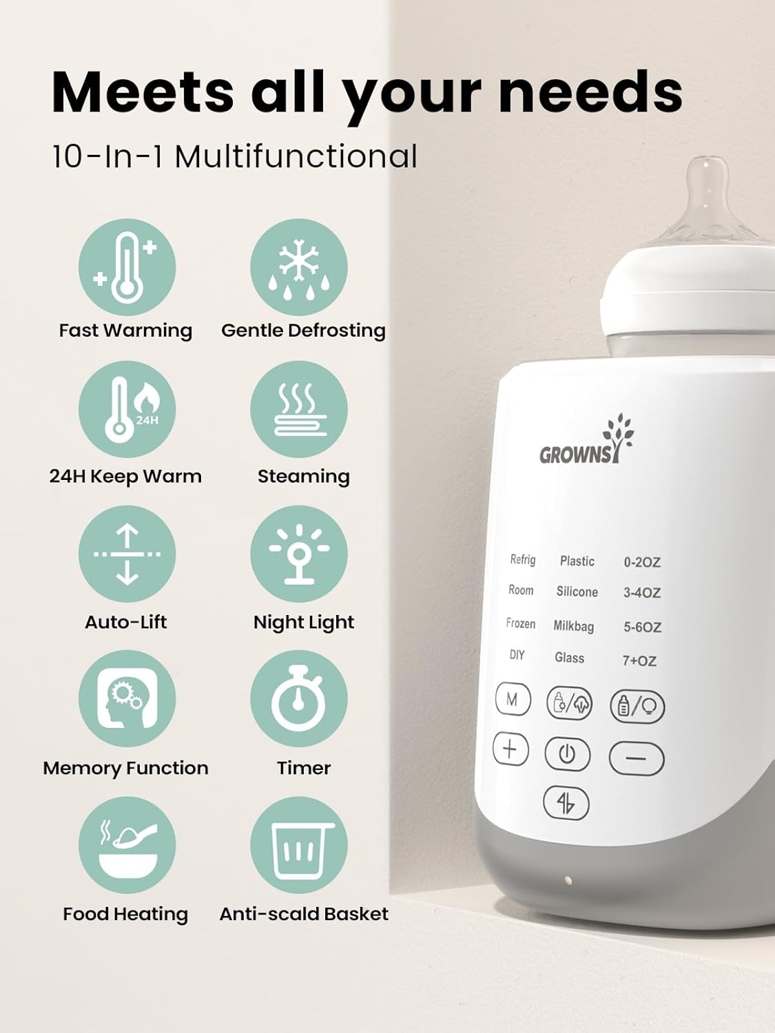Grownsy - Fast Baby Bottle Warmer with Smart Auto-Lift and Night Light