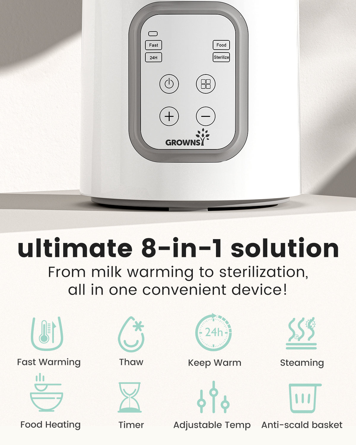 Grownsy 8-in-1 Bottle Warmer For Breast Milk & Formula-Temp Control & Sterilize-White
