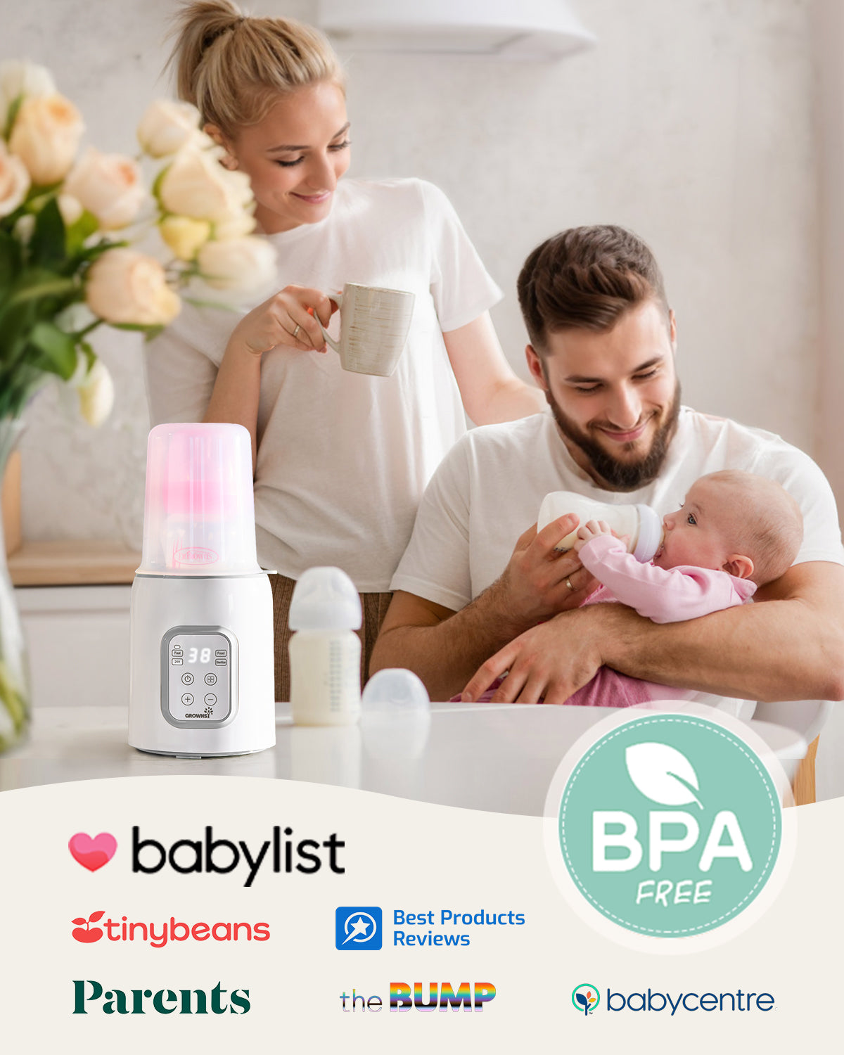 Grownsy 8-in-1 Bottle Warmer For Breast Milk & Formula-Temp Control & Sterilize-White