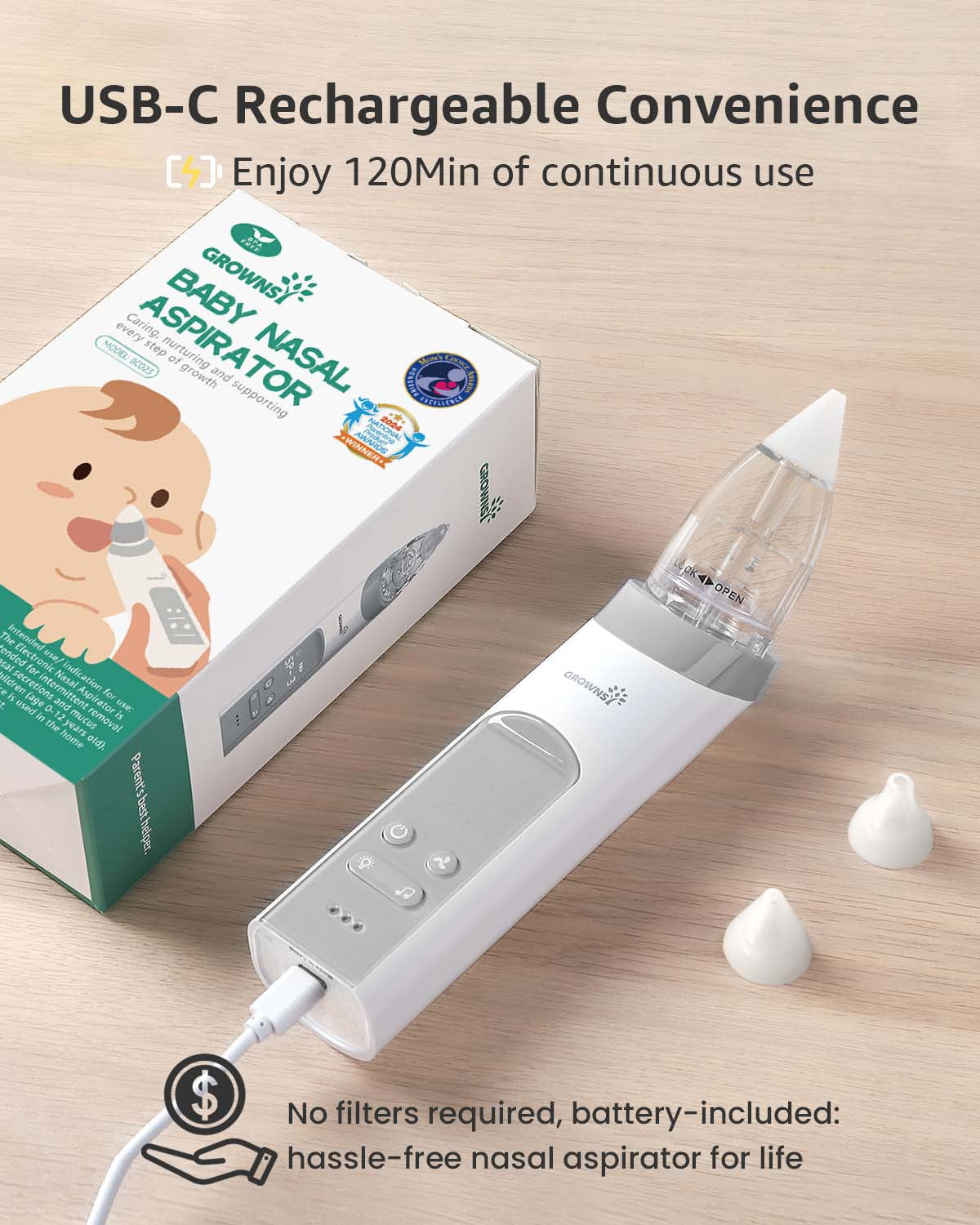 Grownsy - Baby Nasal Aspirator Electric with Automatic Cleaning - White