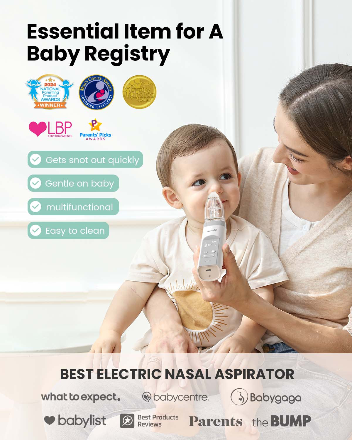 Grownsy - Baby Nasal Aspirator Electric with Automatic Cleaning - White