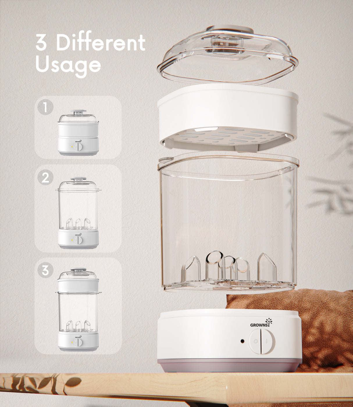 Grownsy - Electric Baby Bottle Sterilizer with Steam Function - Quick & Effective